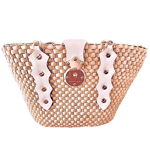 Michael Kors White Leather Santorini Raffia Large Straw Woven Tote Bag. - Picture 6 of 16